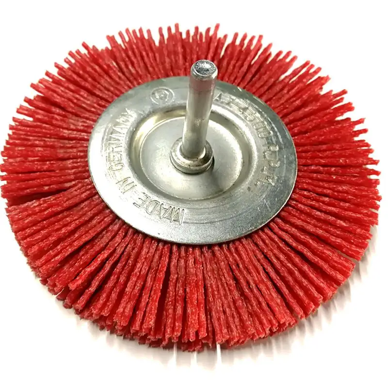 Brosse de roue en Nylon pour perceuse, 5 pièces, 4 pouces, à poils rouges, avec mandrin de 6mm
