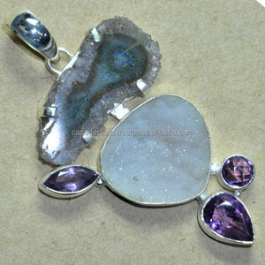 Geode Slice Amethyst White stone Pendant Gemstone 925 Silver Colored Fashion Pendant Handmade Pendant For Women Girls. - Product Image 2