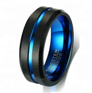 Cincin Hitam 8Mm Biru Matte Sikat Bevelled Finish Tungsten Carbide Band untuk Cincin Pria