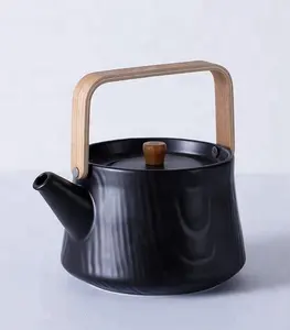 Wholesale Embossed Moroccan <strong>Ceramic</strong> <strong>Tea</strong> <strong>Pot</strong> with Wooden Handle - Product Image 3