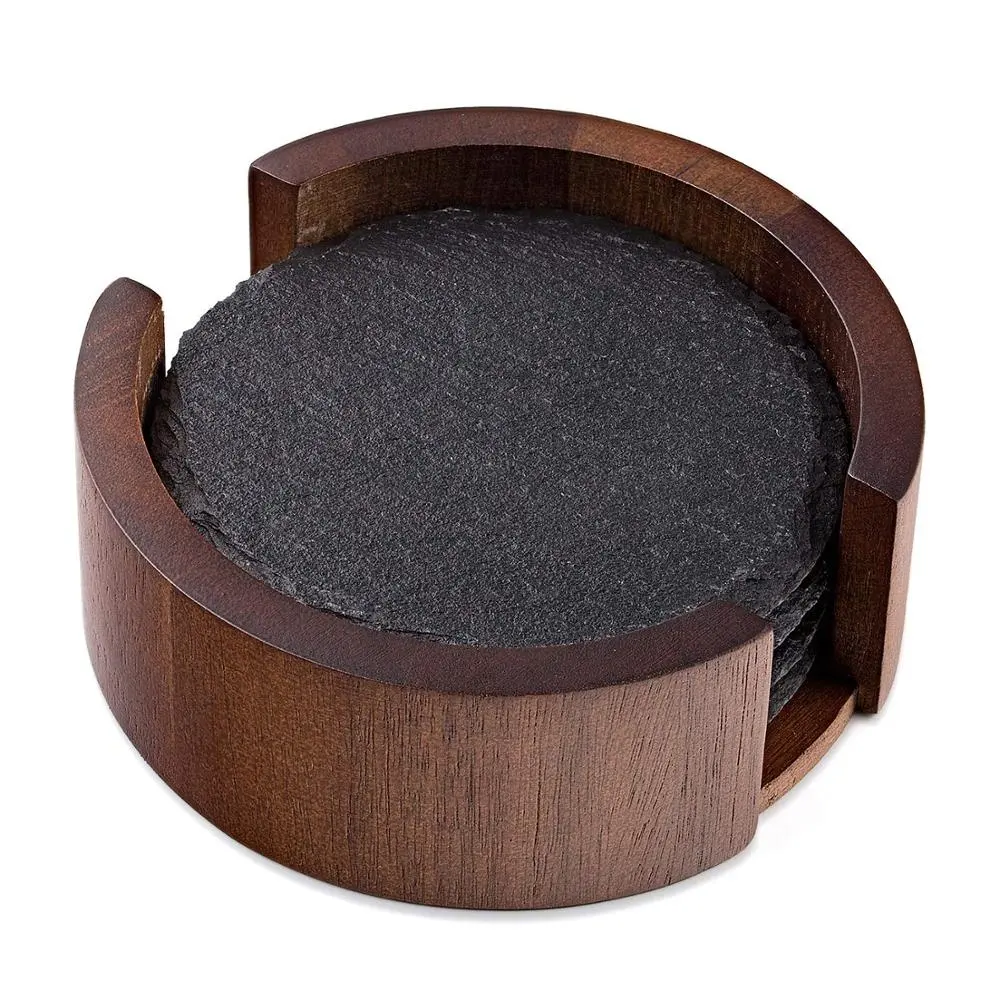 Op Voorraad Natuurlijke Houten Onderzetters Houder Minimalistische Acacia Houten Houder Vierkante Ronde Vcpc Leisteen Coaster Met Houten Houder