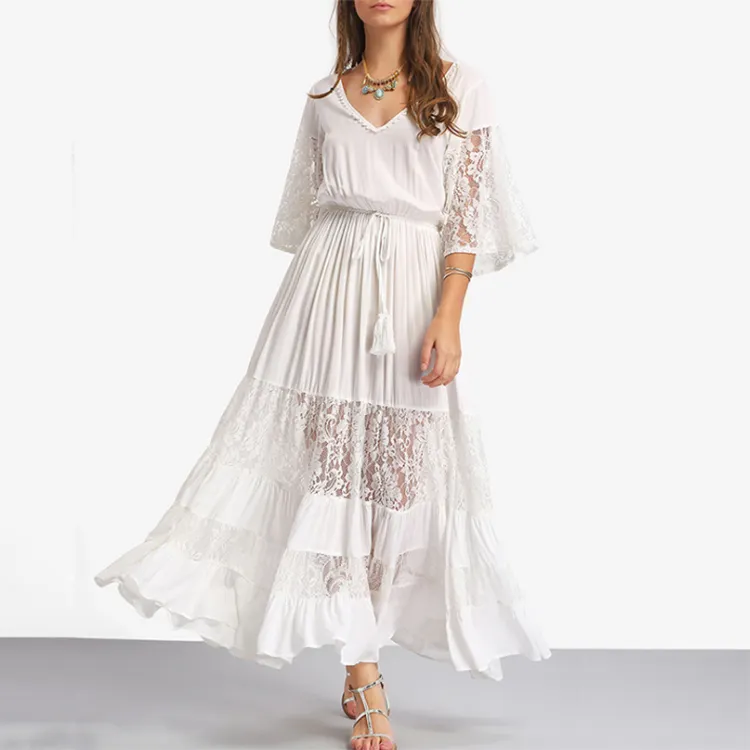 Korean loose summer V-neck white lace chiffon maxi dresses