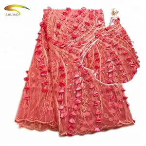高档刺绣花粉红色亮片蕾丝面料，每5码/批非洲蕾丝