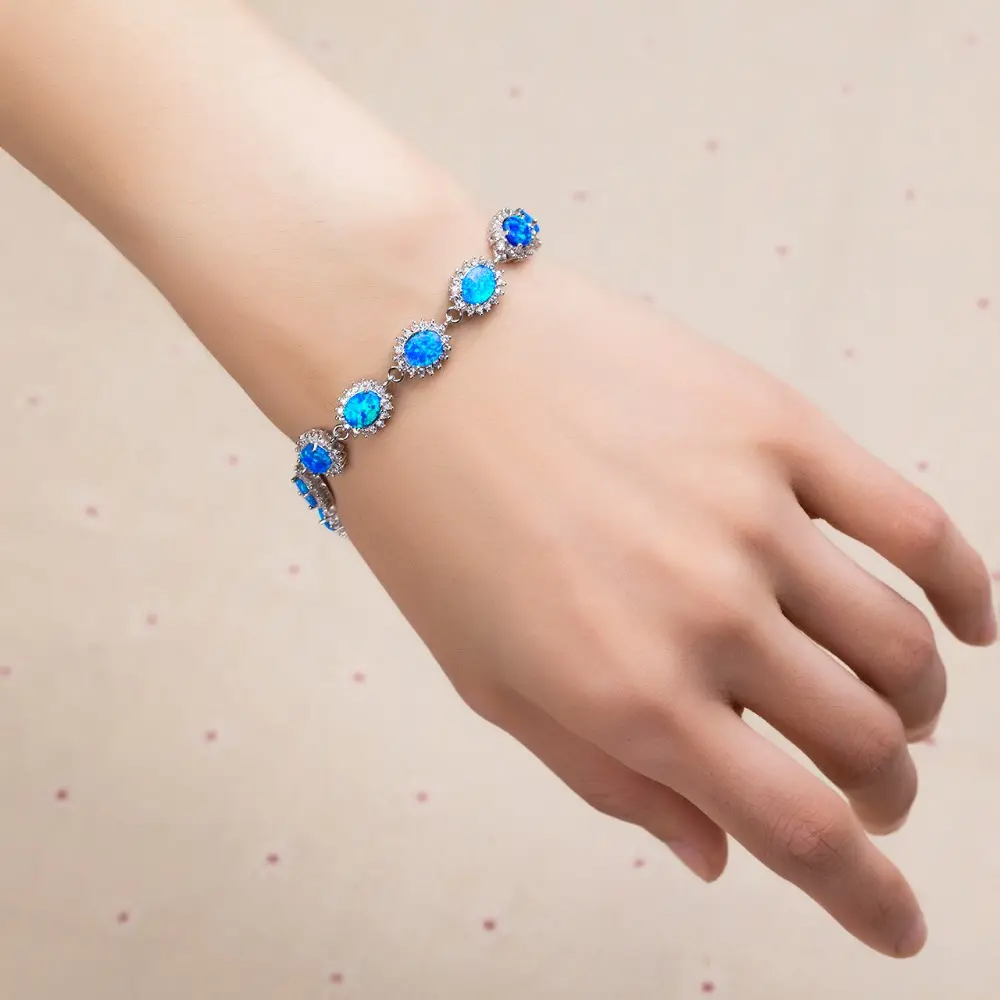 Fashion Women Jewelry 925 Sterling Silver Solid Blue Stone Opal Bracelet