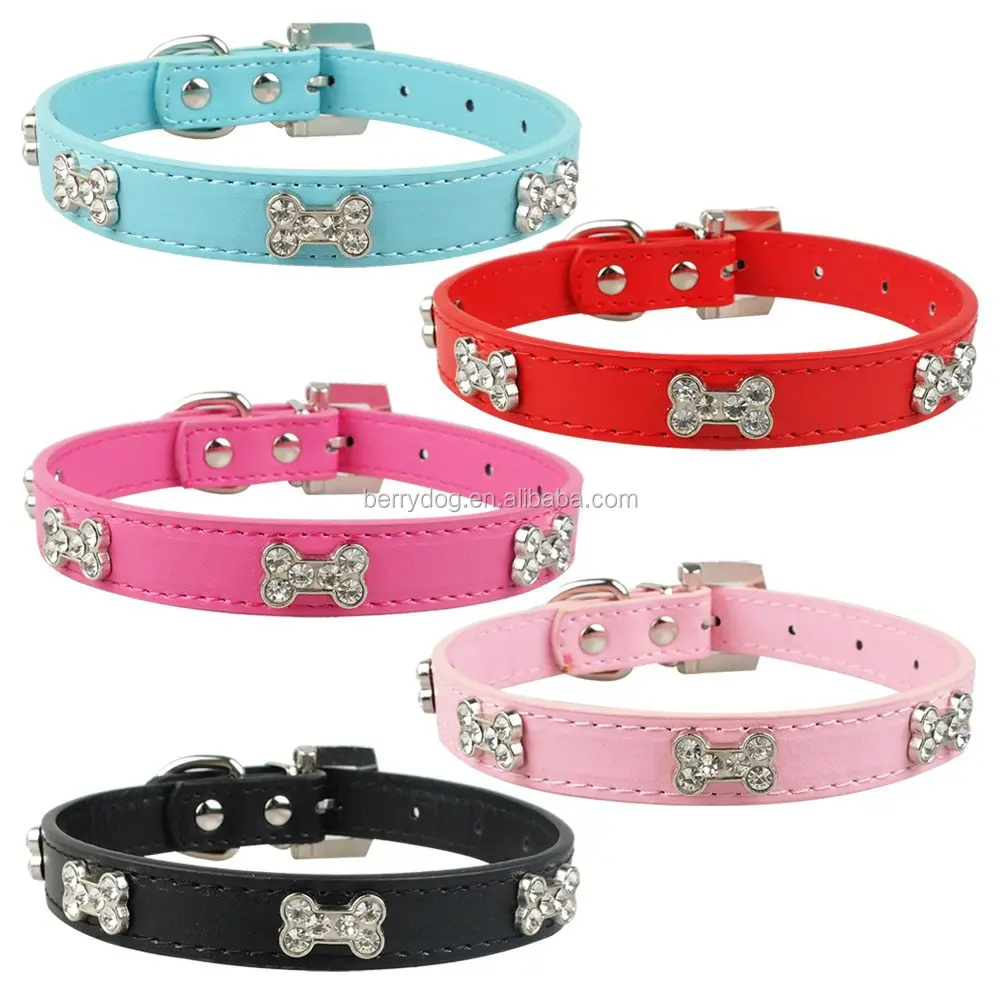 Beirui nhà máy bán buôn sản phẩm vật nuôi da Dog Collar với pha lê xương Sharp Charms