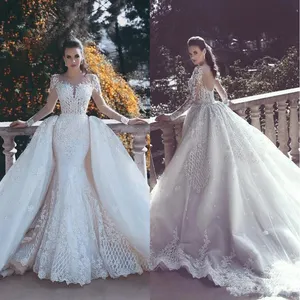 WF058 Gaun Pernikahan Putri Duyung, Gaun Panjang Tanpa Lengan Ilusi Vintage Yang Dapat Dilepas