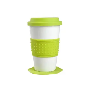 Double Wall Ceramic Tumbler Travel Coffee Mug with Silicone Lid