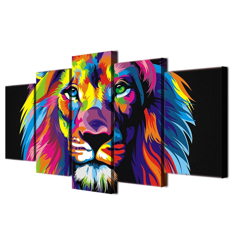 בד כרזות בית תפאורה קיר אמנות מסגרת 5 חתיכות צבעוני האריה לסלון HD הדפסי בעלי חיים מופשט תמונות