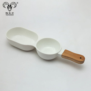 Bol en céramique écologique pour enfants, <span class=keywords><strong>double</strong></span> bol, compote, salade, avec poignée en <span class=keywords><strong>bois</strong></span> - Product Image 2