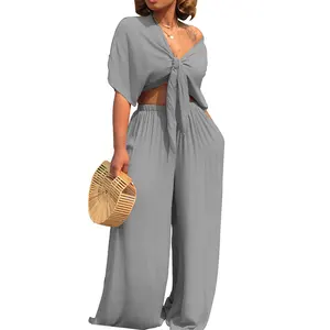 plus size Outfits Bow Tie Tops Wide Leg Pants two piece set women clothing sexy