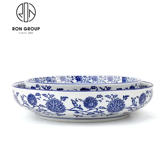 Groothandel Chinese Restaurant 10/12 Inch Keramische Serveren Slakom Soep Noodle Rijst Blauw En Wit Porselein Kommen Set