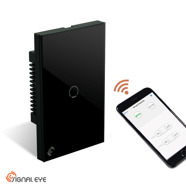 US Standard 1 Gang Wireless Wall Switch Full Tempered Glass Black Touch Light Smart Switch