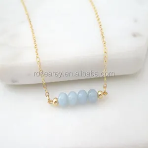Natural stones Beaded bar Necklace, Genuine Aquamarine March Birthstone necklaces jewelry