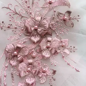 3d fleur dentelle applique Suppliers-Broderie de fleurs 3D en dentelle avec appliqués pour robe de mariée, vêtement de bricolage pour robe de soirée, couleur or et rouge, 1 pièce