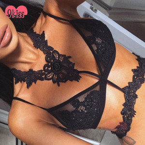 Buena Calidad Rosa de Encaje Bustier Correa Elástica Halter de Encaje Bralette Bra Set - Product Image 3