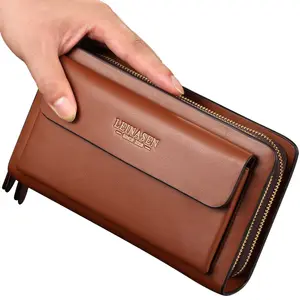 Leinasen carteira masculina, bolso para moedas, zíper duplo, grande, preta, de negócios