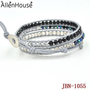 2014 joyería de Moda <span class=keywords><strong>para</strong></span> hombres y mujeres de tres capas de <span class=keywords><strong>la</strong></span> piedra preciosa pulsera de cuero - Product Image 2