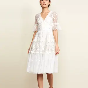 Designer de moda vestido de meia manga mulheres verão vestidos midi casuais elegante vestido de renda branco