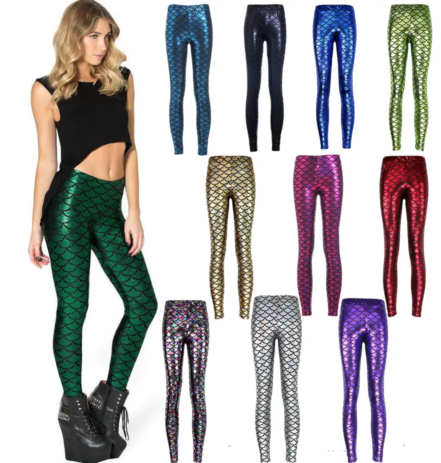 Coldker Shiny Gestippelde Mermaid Leggings Metallic Vis Schaal Skinny Broek Fancy Dress Party