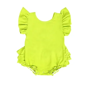 Hot sale lime green newborn baby summer bubble romper plain boutique ruffle jumpsuit baby