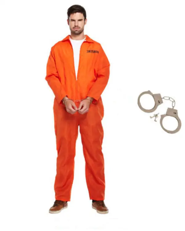 Man Prisoner Overall Orange Costumes Party Fancy Dress Convict Costume