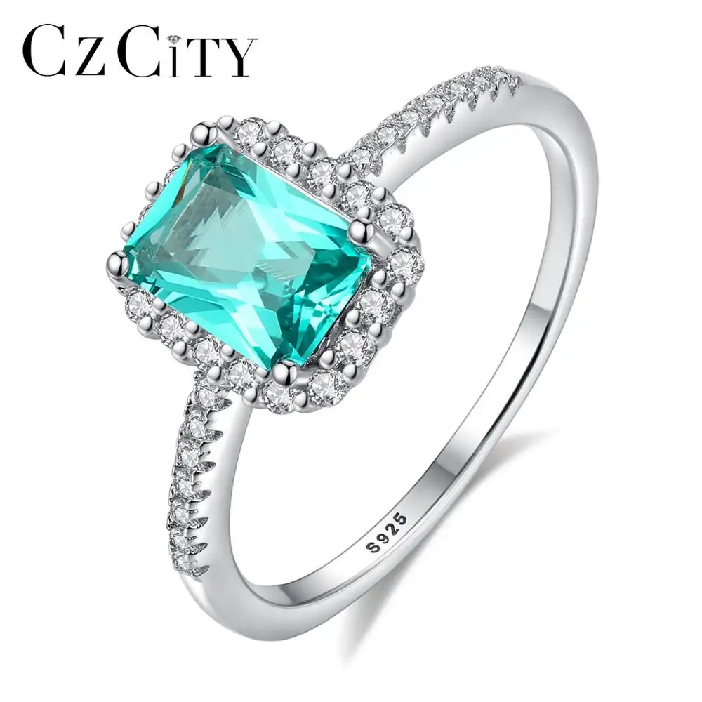 CZCITY Classic Square Green Emerald Gemstone CZ Cubic Zirconia Paved 925 Sterling Silver Wedding Ring