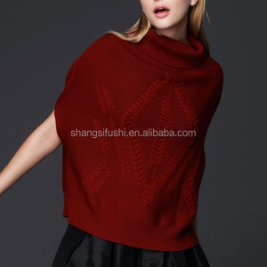 Guangzhou chandail usine femmes 12GG col roulé col roulé poncho à manches courtes laine tricoté pull en cachemire - Product Image 1