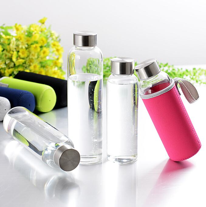 Premium 18 ounce Leak-Proof Glass Water Bottle with Neoprene Insulating Sleeve & Stainless Steel
