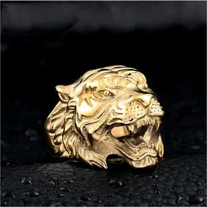 316L Cincin Desain Hewan Baja Tahan Karat Pria, Cincin Antik Gothic Suku Pengendara Sepeda Motor Harimau Domba Elang Kepala Serigala Cincin Emas Perak