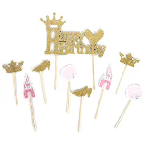 Wholesale Low MOQ Paper Party Decoration Happy Birthday 9Pcs Princess Party Cup Cake Toppers