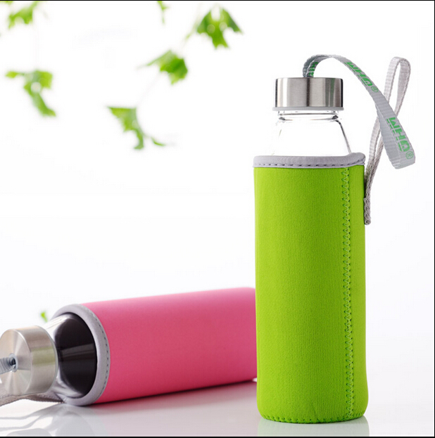 Premium 18 ounce Leak-Proof Glass Water Bottle with Neoprene Insulating Sleeve & Stainless Steel