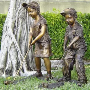 Outdoor Garden Life Size Cast Bronze Children Playing Golf Statue
