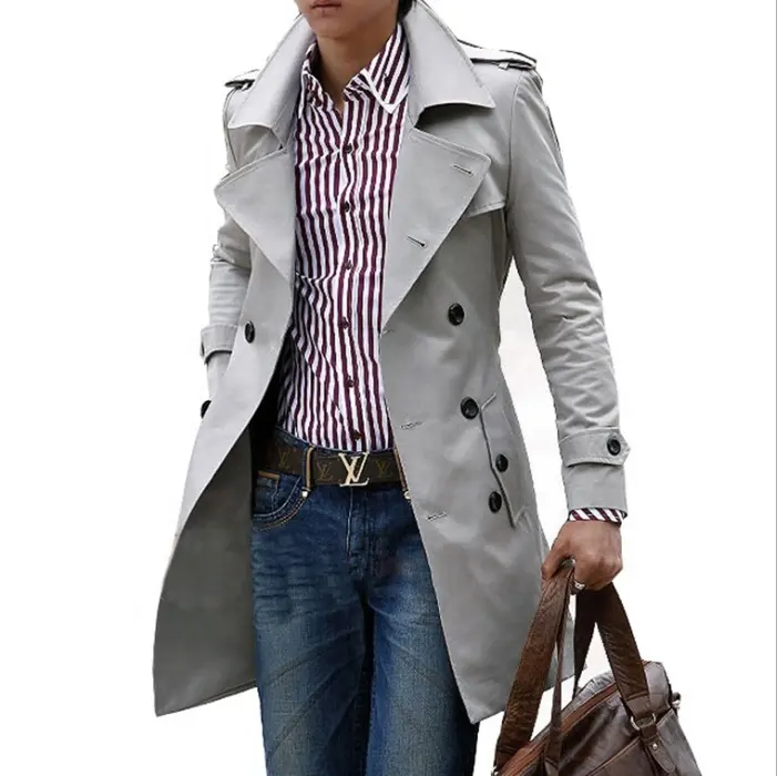 Factory Custom High Fashion Slim Fit Long Trench Belted Camel Double Breasted Men Coat