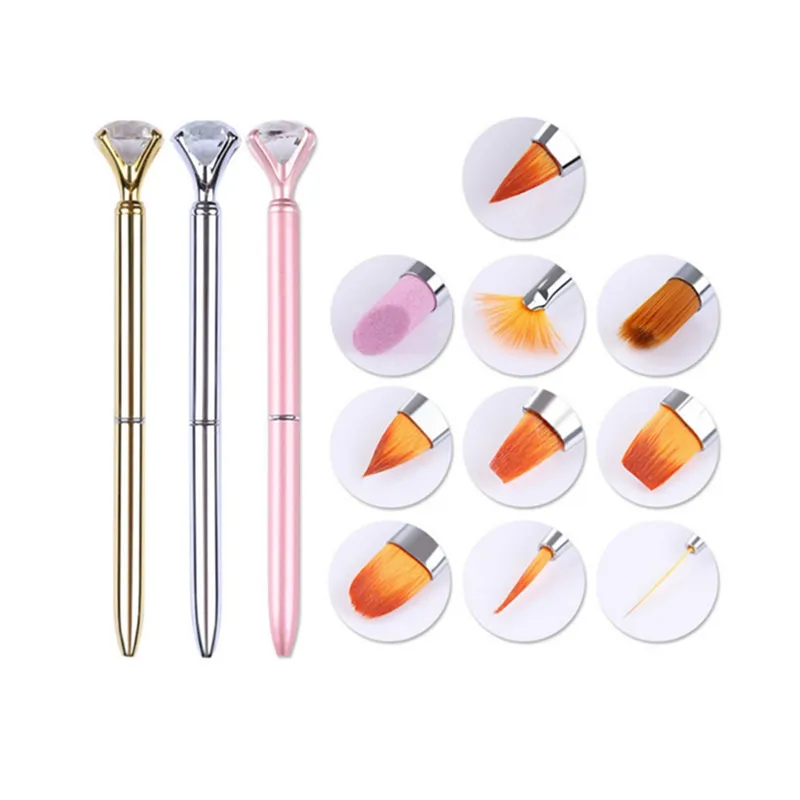 Metal Crystal Replace 10 Heads Carving Cuticle Remover Flat Line Flower Drawing Painting Nail Art Pen Brush