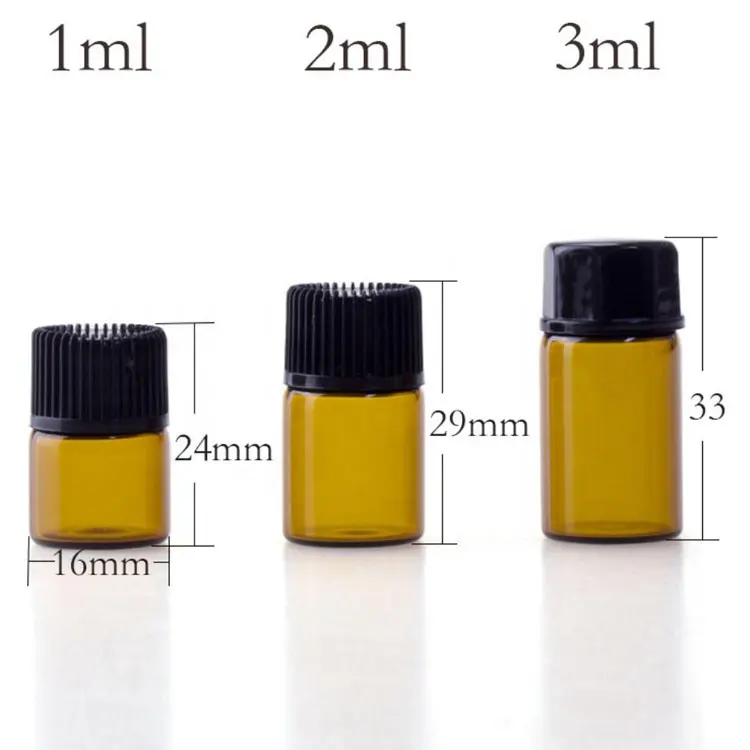 Mini frascos de vidro vazios para óleo essencial, frascos de vidro marrom de 1ml/2ml/3ml com tomada interna, tampa de parafuso