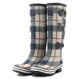 Botas de chuva para mulheres, sapatos confortáveis e personalizados, à prova d' água, antiderrapantes, de borracha, salto alto, floral