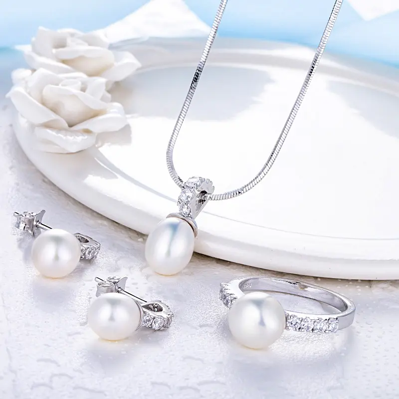 Boda nupcial de las mujeres de agua dulce perlas de Plata de Ley 925 conjunto