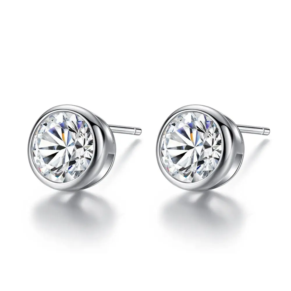 CZCITY Simple Design Round CZ Stone 925 Sterling Silver Stud Earrings for Women