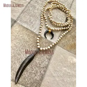 NM10774 Boho Chic Hand Knotted Double Wrap Necklace with Natural Bone Feather Pendant and Double Horn Pendant