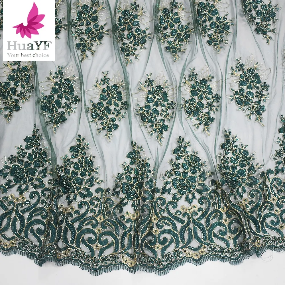 African lace fabrics nigerian tulle green lace new fashion embroidery lace fabric bead for party dress HY1094-1