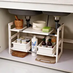 Foldable 2 tier multifunctional cabinet organization expandable plastic kitchen sink drying rack under sink organizer