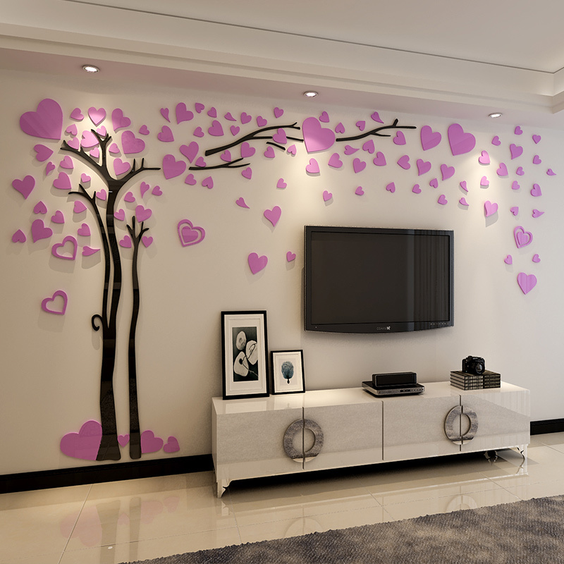Large Cherry Blossom Wall Decals - 3D Flower Tree With Birds, Heart Shape, Peel & Stick Removable Decor