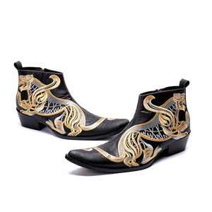 NA025 Bottines classiques à bout pointu pour hommes en <span class=keywords><strong>cuir</strong></span> véritable <span class=keywords><strong>noir</strong></span> <span class=keywords><strong>Bottes</strong></span> de dragon brodées à hauteur augmentée grande taille - Product Image 4