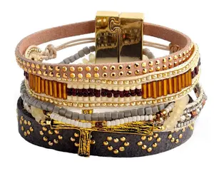 Multi-layer Boho Armband Magnetische Sluiting Goud Kleur Lederen Glas Zaad Kralen Cross Charme Waxkoord Mode-sieraden