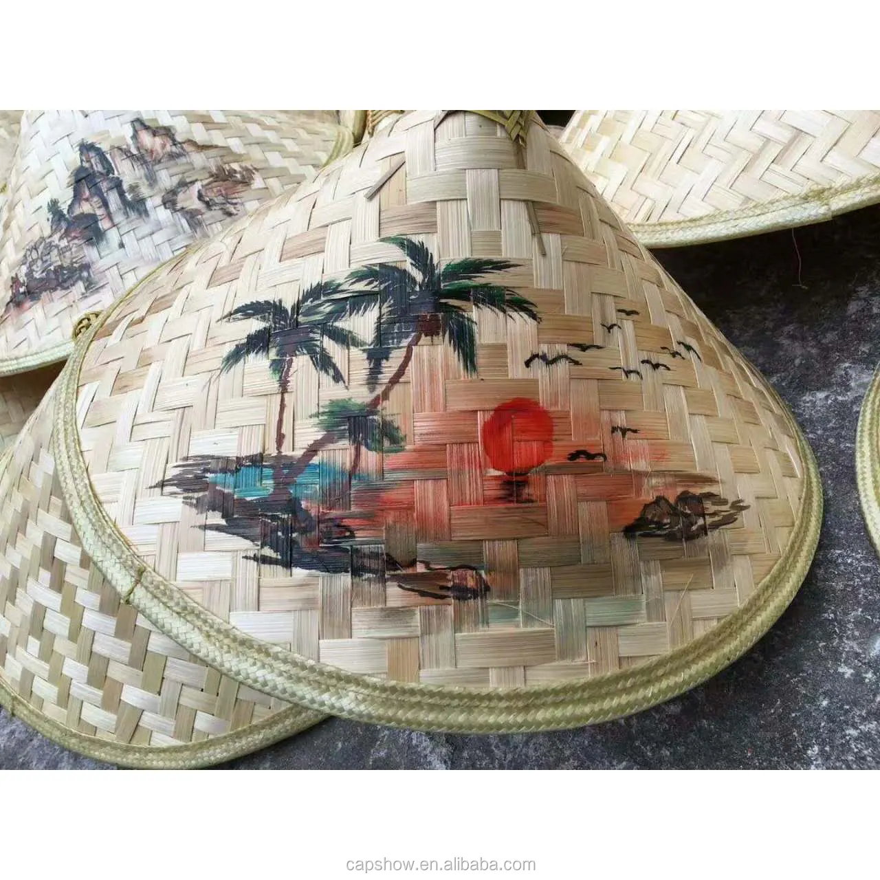 Conical Boater Straw Hat Large bamboo Hat With Custom Printed Man Rain hat