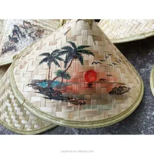 Conical Boater Straw Hat Large Chinese Bamboo Hat Traditional Rain Hat With Custom Painted Pattern