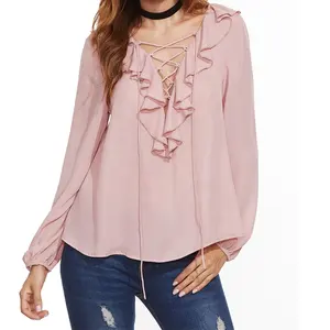 Blouses de style boho en mousseline de soie pour femmes, ceinture à volants avec lacets et col en v, tenue décontractée, hauts à manches longues, 2022