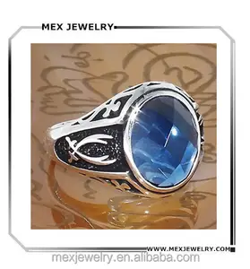 Desain Retro 925 Sterling Silver Cincin Islami dengan Zulfiqar Dhulfiqar Pedang Sapphire Biru Cz