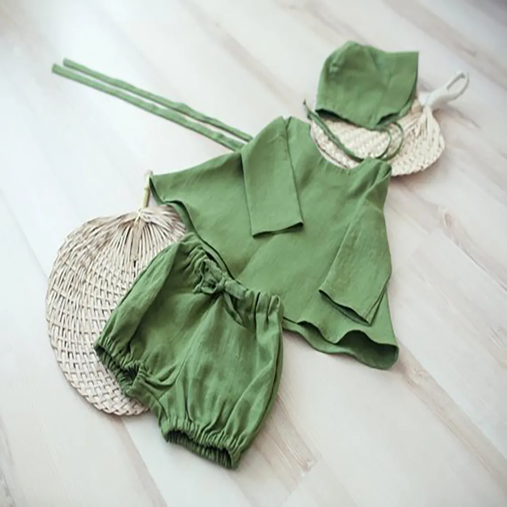 यूरोपीय विंटेज बच्चा बच्चे को कपड़े सेट प्यारा टोपी नरम ठोस रंग के साथ कार्बनिक कपास मिलान सेट बच्चे को कपड़े