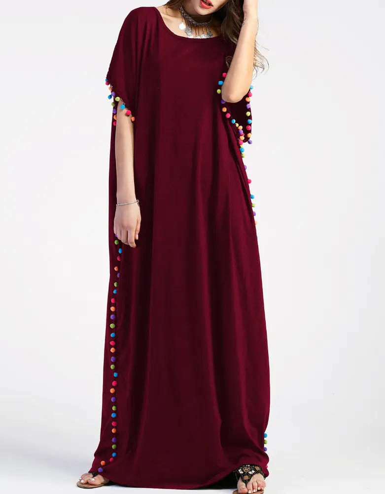Pom-pom Trim Full Length Kaftan Dress long sleeves maxi abaya fashion islamis kaftan dress